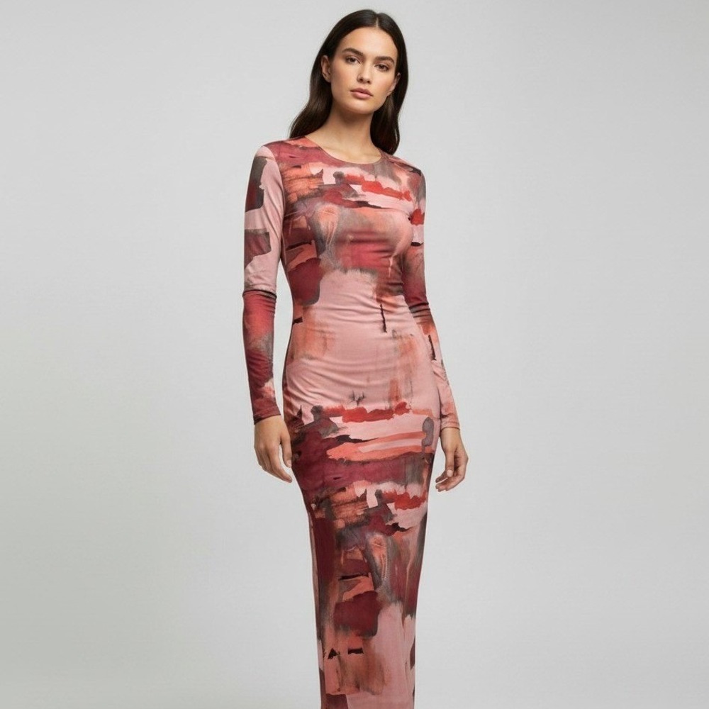 12th Tribe Women Pink Abstract Watercolor Mesh Long Sleeve Maxi Dress Small NEW